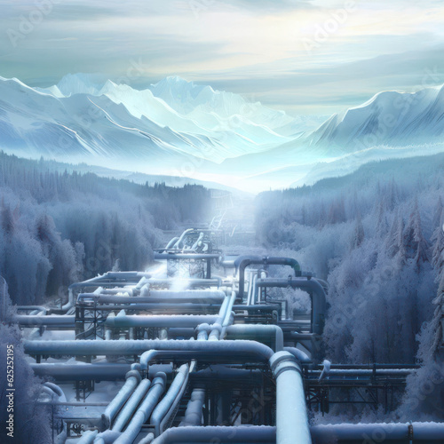 Natural Gas Pipeline amidst Snow and Snow-Capped Mountains Fototapet