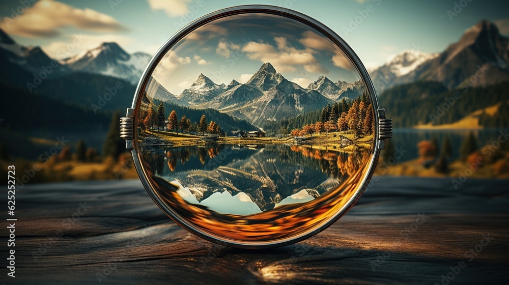 a reflection of a mountain range in a glass bowl with a reflection of a lake. generative ai a reflection of a mountain range in a glass bowl with a reflection of a lake. generative ai