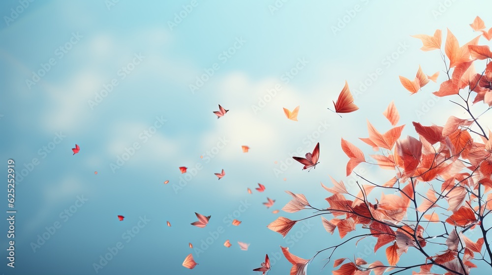 a group of butterflies flying over a tree branch in the sky. generative ai a group of butterflies flying over a tree branch in the sky. generative ai