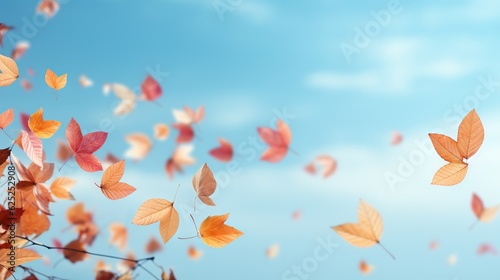  a bunch of leaves that are flying in the air with a blue sky in the background. generative ai