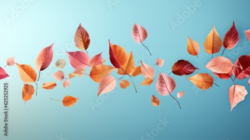  a group of leaves flying through the air on a blue background. generative ai