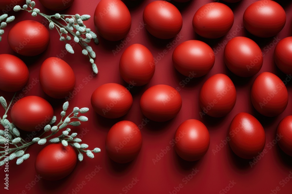 Easter red colored eggs on red background. Generative AI