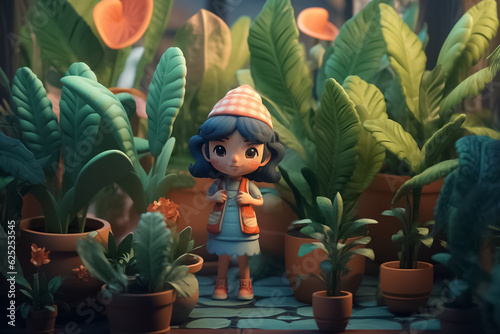 A girl standing in a garden. Cute girl with hat big eyes cartoon backpack walking garden. Little girl with backpack in gardening standing near green tree. Generative AI.
