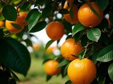 Orange trees with ripe fruits. Bloomy orange garden.	