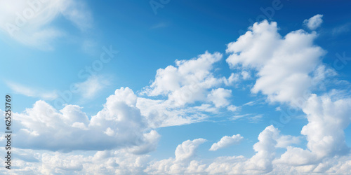 Beautiful bright blue sky with light white clouds. Generative AI