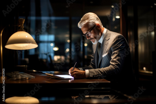 Generative AI illustration of focused male executive manager wearing formal suit and glasses writing notes on tablet with stylus while working late in office