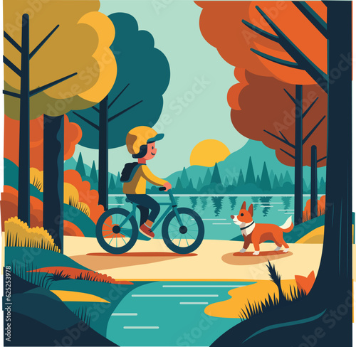 Boy riding a bicycle with a dog