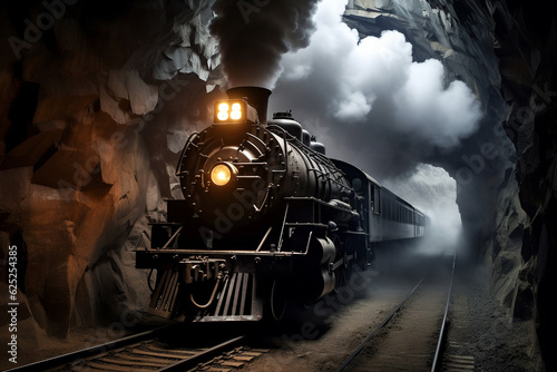 Old steam train pulling into a tunnel belching steam and smoke. High quality photo photo