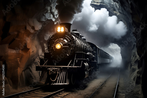 Old steam train pulling into a tunnel belching steam and smoke. High quality photo