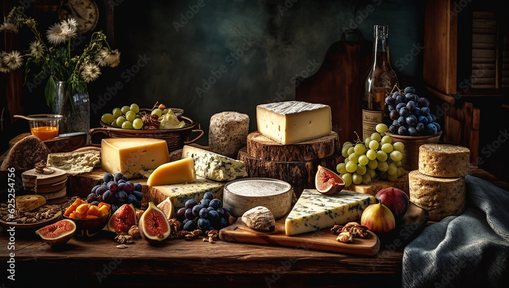 The most varied types of cheeses, still life. AI generated