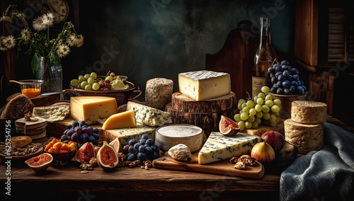 The most varied types of cheeses, still life. AI generated