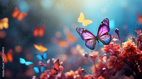  a purple butterfly flying over a bunch of red and yellow flowers.  generative ai © Jevjenijs