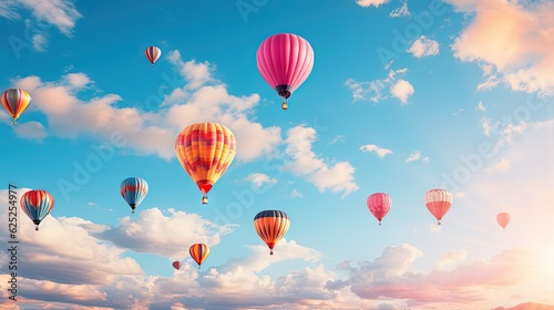  a group of hot air balloons flying through a blue sky. generative ai