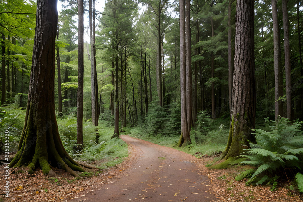 Fototapeta premium A bunch of tall trees in the middle of a lonely forest,AI generated