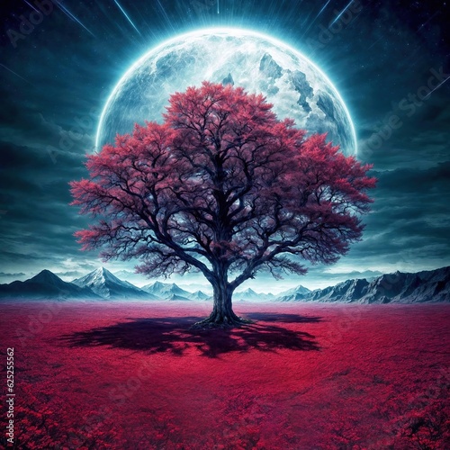 Lonely Red Tree by Moonlight created with Generative AI.