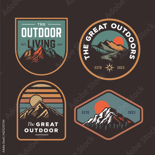 set collection of vintage adventure badge. Camping emblem logo with mountain illustration in retro hipster style.