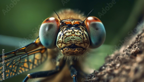 Closeup with great detail of the head of a dragonfly. AI generated © Alicina