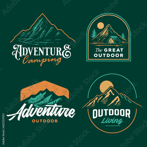 set collection of vintage adventure badge. Camping emblem logo with mountain illustration in retro hipster style.
