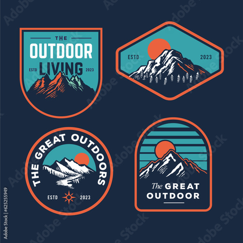 set collection of vintage adventure badge. Camping emblem logo with mountain illustration in retro hipster style.