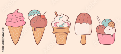 Collection of ice cream in a cup, in a waffle cone and eskimo in cartoon doodle style. Vector illustration