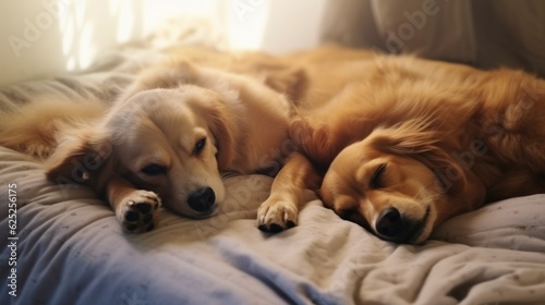 Two cute puppies cuddling on a bed. Dogs sleeping. Generative AI illustration.