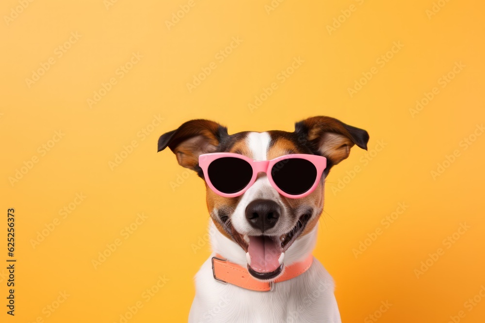 Funny dog with sunglasses isolated on a plain colored background. Generative AI illustration.