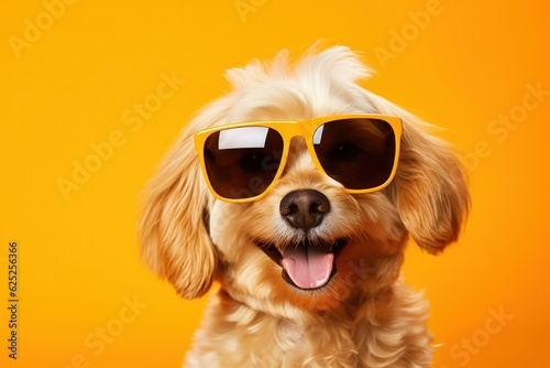 Funny dog with sunglasses isolated on a plain orange background. Generative AI illustration. © Tuyres