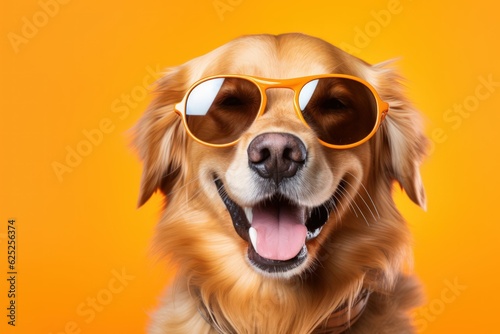 Funny dog with sunglasses isolated on a plain orange background. Generative AI illustration. © Tuyres