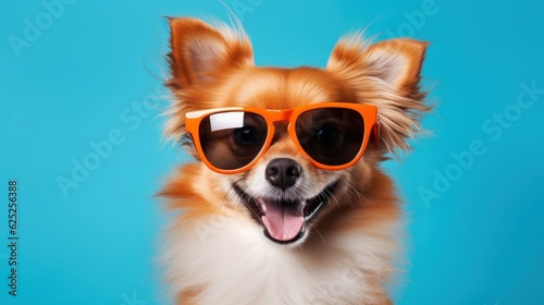 Funny dog with sunglasses isolated on a plain colored background. Generative AI illustration. © Tuyres