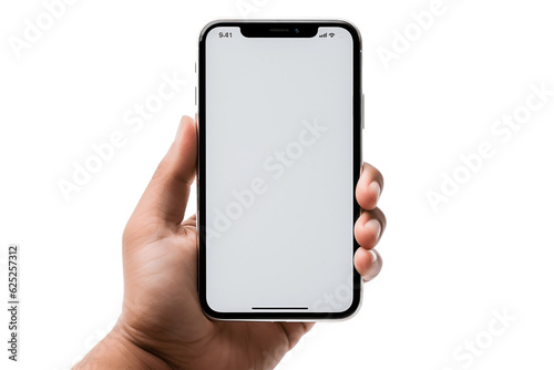 Hand Holding Phone Mockup Isolated on Transparent Background. AI