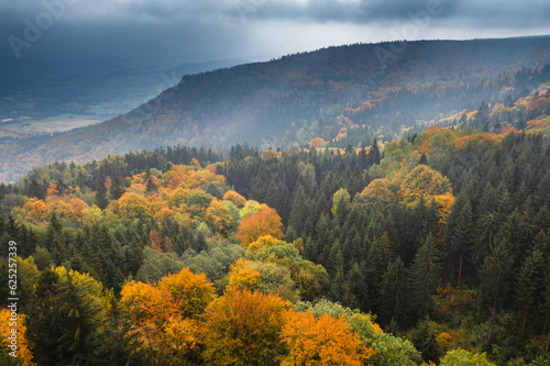 Autumn landscape in mountains with lush forest and cloud-covered mountain range