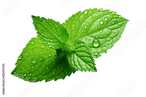 Mint Leaf with Waterdrops Isolated on Transparent Background. AI