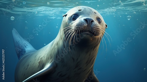  a seal is swimming under the water and looking at the camera.  generative ai © Jevjenijs