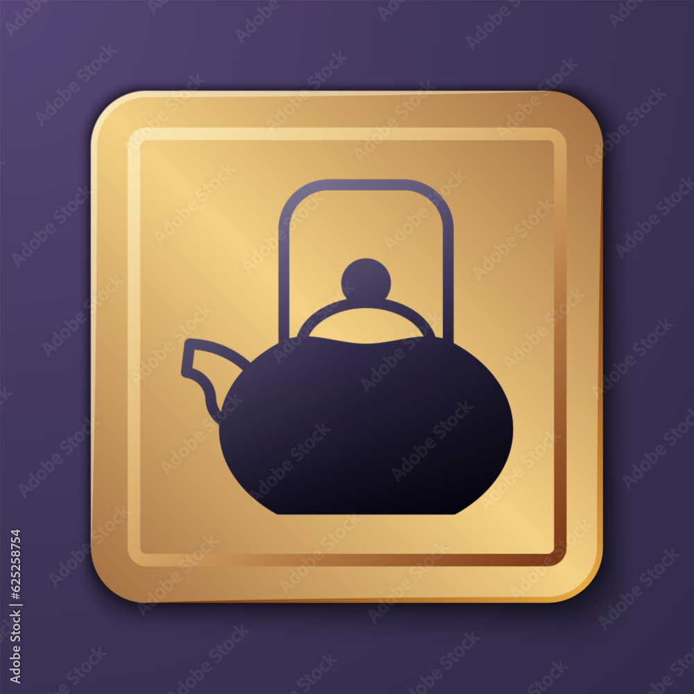 Purple Kettle with handle icon isolated on purple background. Teapot icon. Gold square button. Vector Purple Kettle with handle icon isolated on purple background. Teapot icon. Gold square button. Vector