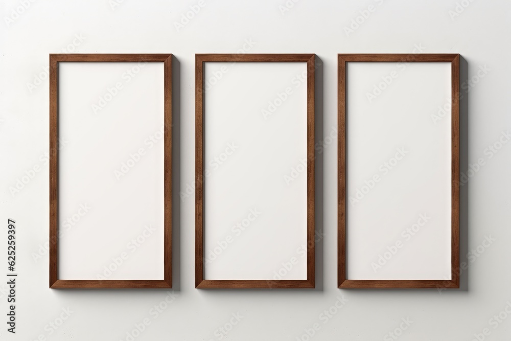 Three blank frames hanging on a wall, dark brown wooden frame, portrait, mockup, generative ai Three blank frames hanging on a wall, dark brown wooden frame, portrait, mockup, generative ai