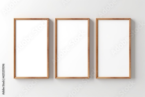 Three empty frames hanging on a wall, light brown wooden frame, portrait, mockup, generative ai