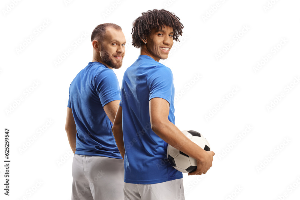 Φωτογραφία African american and a caucasian football players in blue jerseys