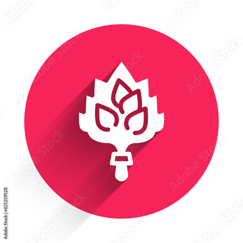 White Sauna broom icon isolated with long shadow background. Broom from birch twigs, branches for Russian steam bath, sauna, washhouse. Red circle button. Vector
