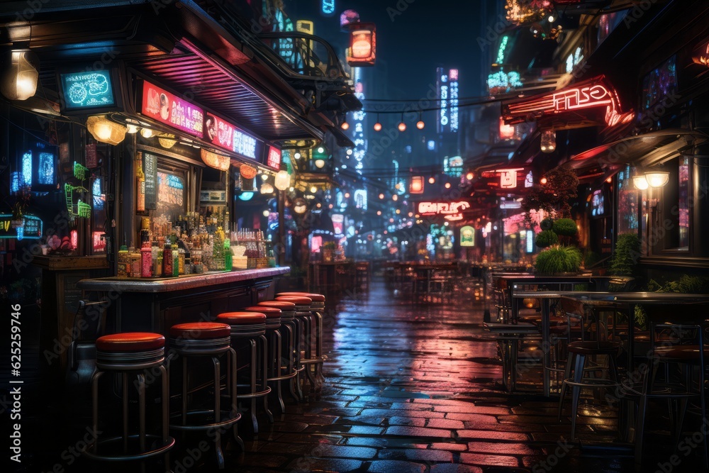 An urban street scene with glowing neon lights, conveying the vibrant energy of a city nightlife. Generative Ai