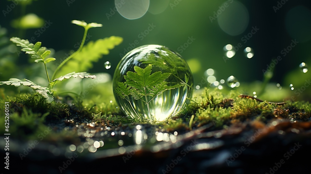  a glass ball sitting on top of a moss covered ground.  generative ai