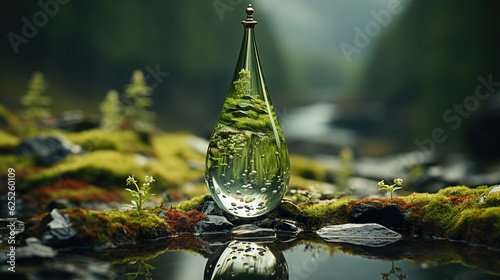  a glass bottle sitting on top of a moss covered ground.  generative ai