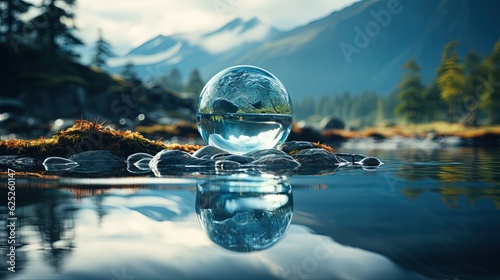  a crystal ball floating on top of a lake surrounded by rocks.  generative ai