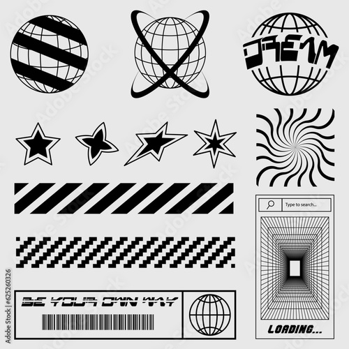 Street wear globe Y2k, Rave, Retro futuristic concept elements, graphic geometric symbols 