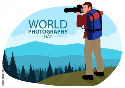 Clip art of Photographer with telescopic lens takes a photograph of a beautiful mountain landscape, World Photography Day vector illustration