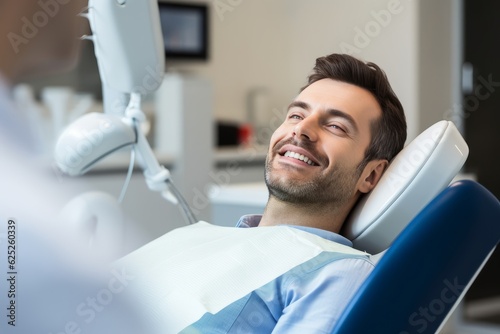  a photo of a handsome young man client patient at a dental clinic. cleaning and repairing teeth at a dentist doctor. laying on the orthodontic dental chair. Generative AI photo