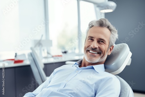  a photo of a handsome adult man client patient at a dental clinic. cleaning and repairing teeth at a dentist doctor. laying on the orthodontic dental chair. Generative AI photo