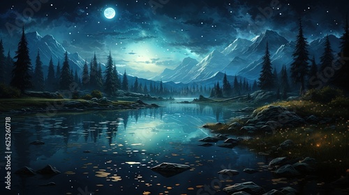  a painting of a mountain lake at night with a full moon.  generative ai © Jevjenijs
