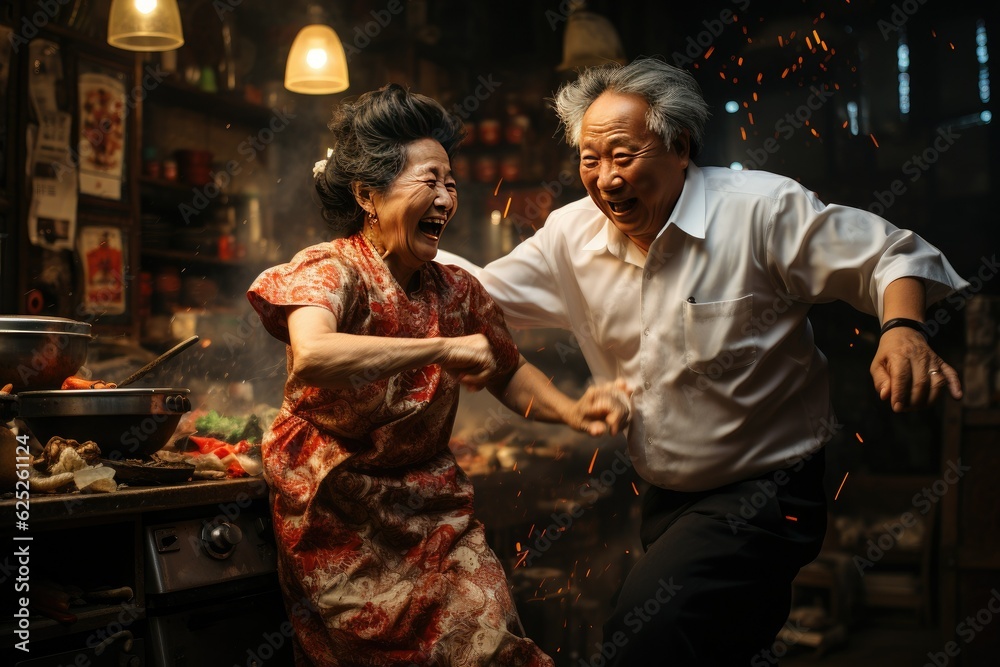 Old asian couple dancing in the kitchen. Generative AI