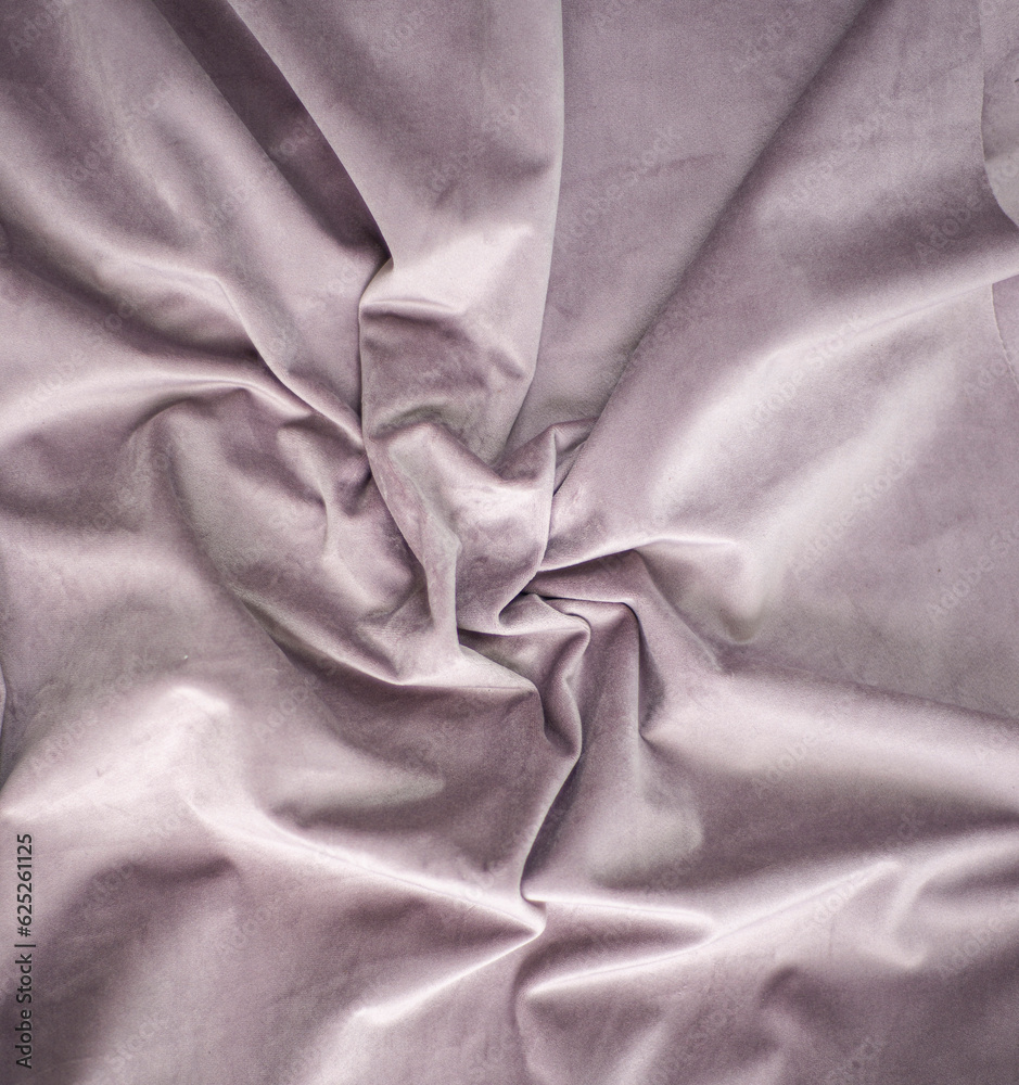 pink velvet with pleats, folded crumpled bed textile, luxury silk fabric background and copy space
