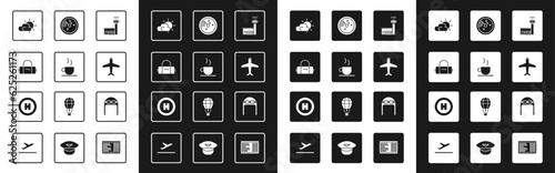Set Airport control tower, Coffee cup, Suitcase, Sun and cloud weather, Plane, Radar with targets monitor, Aviator hat goggles and Helicopter landing pad icon. Vector